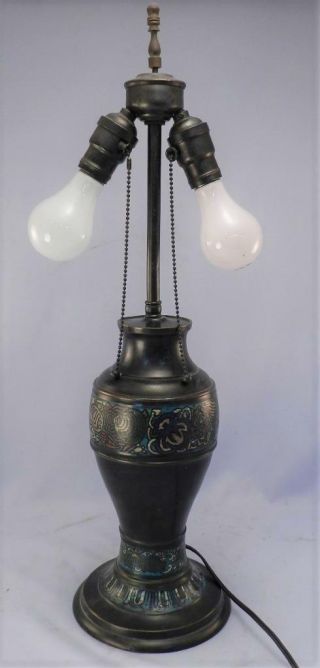 Antique Asian Champleve Bronze Table Lamp & Leaded Stained Glass Shade w/ Jewels 10