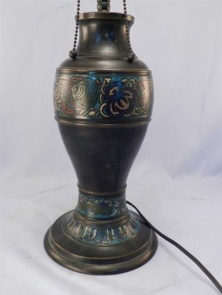 Antique Asian Champleve Bronze Table Lamp & Leaded Stained Glass Shade w/ Jewels 11