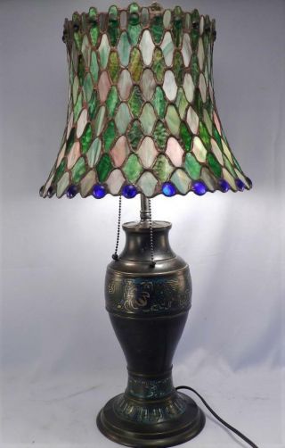 Antique Asian Champleve Bronze Table Lamp & Leaded Stained Glass Shade W/ Jewels