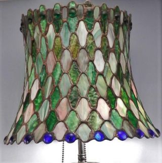 Antique Asian Champleve Bronze Table Lamp & Leaded Stained Glass Shade w/ Jewels 2