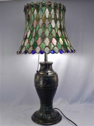 Antique Asian Champleve Bronze Table Lamp & Leaded Stained Glass Shade w/ Jewels 3