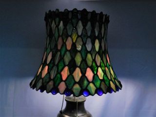 Antique Asian Champleve Bronze Table Lamp & Leaded Stained Glass Shade w/ Jewels 4