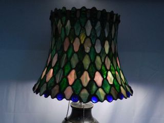 Antique Asian Champleve Bronze Table Lamp & Leaded Stained Glass Shade w/ Jewels 5
