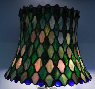Antique Asian Champleve Bronze Table Lamp & Leaded Stained Glass Shade w/ Jewels 6