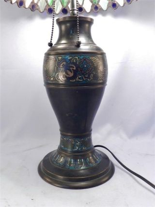 Antique Asian Champleve Bronze Table Lamp & Leaded Stained Glass Shade w/ Jewels 7