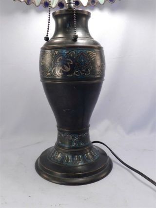 Antique Asian Champleve Bronze Table Lamp & Leaded Stained Glass Shade w/ Jewels 8