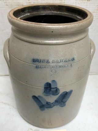 Antique Rare Brown Brothers Blue Decorated Crock Huntington,  Long Island 2 Gal.