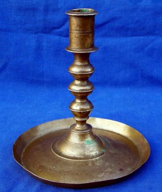 17th Century Spanish Brass Saucer - Based Socket Candlestick Circa 1625