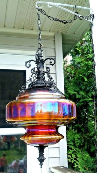 1940s - 60s Marigold Carnival Glass Hallway Hanging Electric Lamp Swag Light