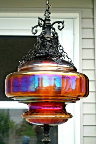 1940s - 60s Marigold Carnival Glass Hallway Hanging Electric Lamp Swag Light 2
