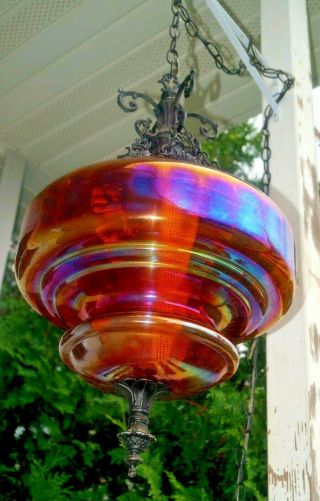 1940s - 60s Marigold Carnival Glass Hallway Hanging Electric Lamp Swag Light 3