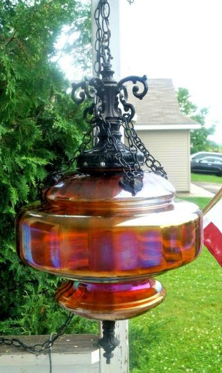1940s - 60s Marigold Carnival Glass Hallway Hanging Electric Lamp Swag Light 4