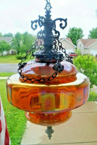 1940s - 60s Marigold Carnival Glass Hallway Hanging Electric Lamp Swag Light 5