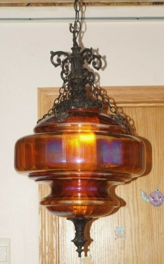 1940s - 60s Marigold Carnival Glass Hallway Hanging Electric Lamp Swag Light 8