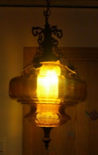 1940s - 60s Marigold Carnival Glass Hallway Hanging Electric Lamp Swag Light 9