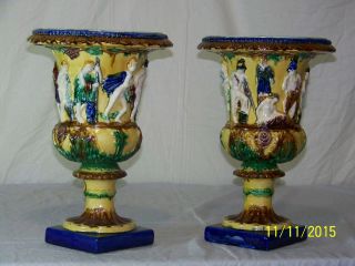 Rare - Antique Majolica Neoclassical Hollywood Regency Mantle Urns