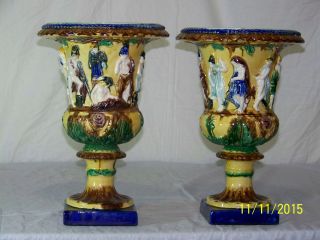 RARE - Antique Majolica Neoclassical Hollywood Regency Mantle Urns 4