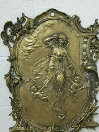 Fancy Art Nouveau Flowing Hair Lady w/ Cherubs Brass Wall Plaque Nude not Bronze 2
