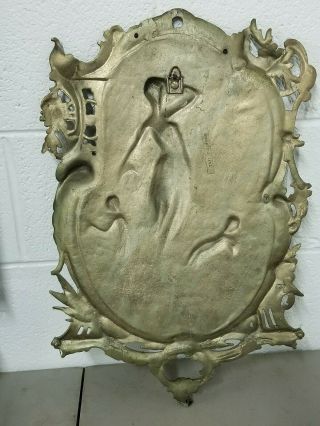 Fancy Art Nouveau Flowing Hair Lady w/ Cherubs Brass Wall Plaque Nude not Bronze 6