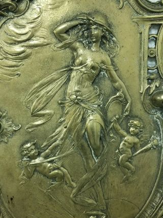 Fancy Art Nouveau Flowing Hair Lady w/ Cherubs Brass Wall Plaque Nude not Bronze 8