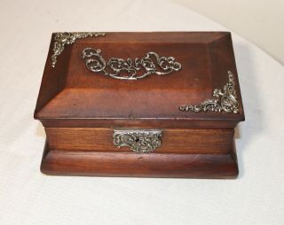 Antique Ornate Applied Sterling Silver Mounted Wooden Wood Jewelry Box Casket