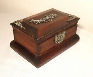 antique ornate applied sterling silver mounted wooden wood jewelry box casket 3