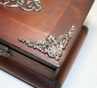 antique ornate applied sterling silver mounted wooden wood jewelry box casket 7