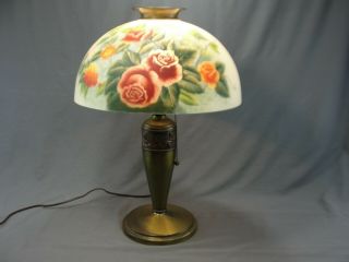Fine Brass Art Nouveau Era Lamp Reverse Painted Satin Glass Shade Roses Stunning