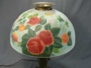 Fine Brass Art Nouveau Era Lamp Reverse Painted Satin Glass Shade Roses Stunning 2