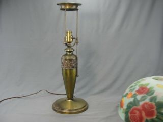 Fine Brass Art Nouveau Era Lamp Reverse Painted Satin Glass Shade Roses Stunning 4