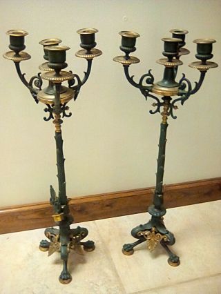 Antique Brass And Bronze Candelabra Late 18th Century Bronze Green From Age
