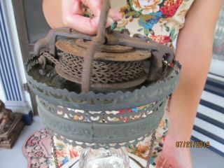 Antique Brass and Cast Iron Bradley & Hubbard Hanging Oil Lamp 4