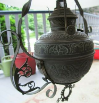Antique Brass and Cast Iron Bradley & Hubbard Hanging Oil Lamp 5