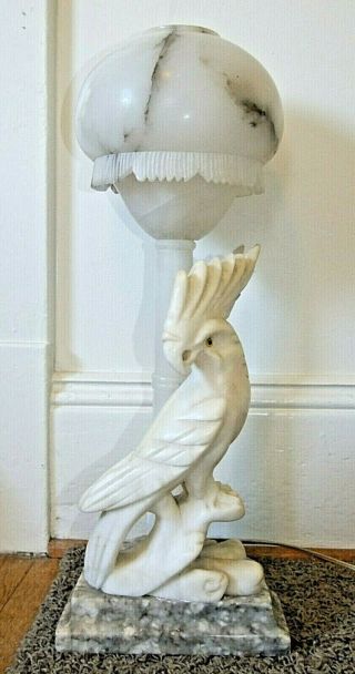 Antique Carved Alabaster Italian Marble Cockatoo Lamp W/shade,  White Parrot Bird