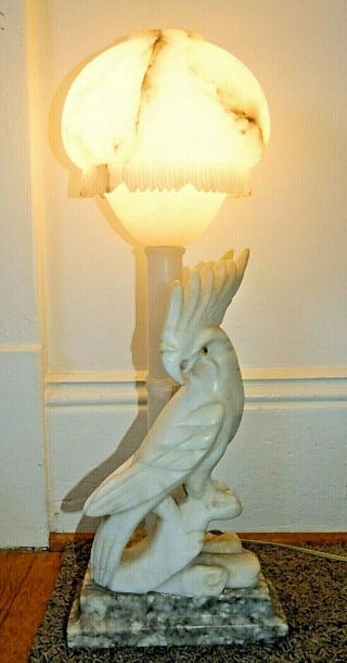 Antique Carved Alabaster Italian Marble Cockatoo Lamp w/Shade,  White Parrot Bird 2