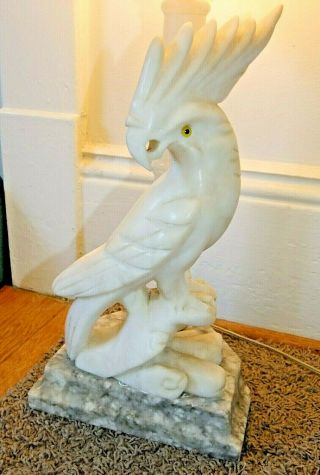Antique Carved Alabaster Italian Marble Cockatoo Lamp w/Shade,  White Parrot Bird 4