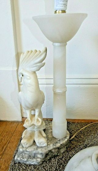 Antique Carved Alabaster Italian Marble Cockatoo Lamp w/Shade,  White Parrot Bird 7