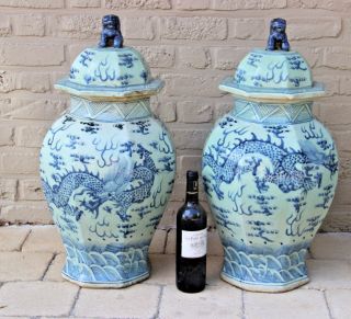 Pair Huge 25.  5 " Old Chinese Porcelain Ceramic Blue White Dragon Celadon Vases