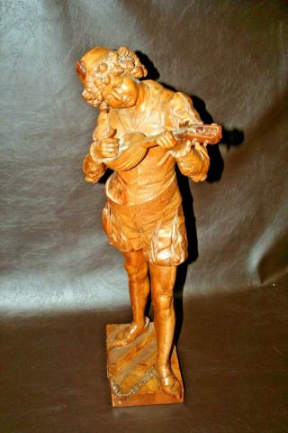 Antique French Style Hand Carved 28 " Wooden Sculpture - Boy Playing Mandolin