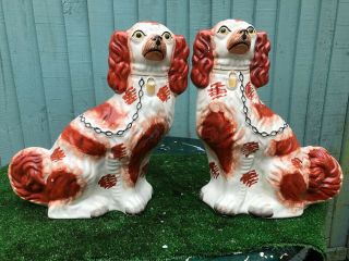 Pair: V.  Large 19thc Staffordshire Russet Red & White Spaniel Dogs C1880s