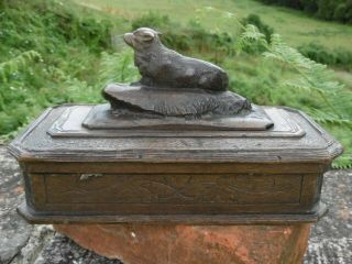19thc BLACK FOREST OAK CARVED BOX WITH DOG LAYING ON TOP C.  1870 11