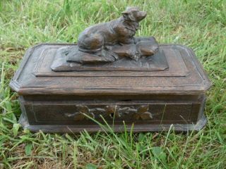 19thc BLACK FOREST OAK CARVED BOX WITH DOG LAYING ON TOP C.  1870 12