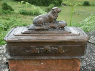 19thc BLACK FOREST OAK CARVED BOX WITH DOG LAYING ON TOP C.  1870 9