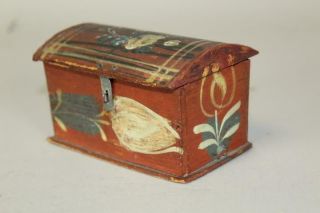 RARE 19TH C PA GERMAN PAINT DECORATED MINIATURE WOODEN DOME TOP TRINKET BOX 7