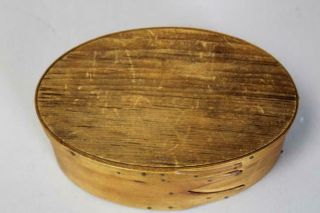 A GREAT 19TH C ENFIELD CT SHAKER THREE FINGER OVAL BOX VARNISH SURFACE 7