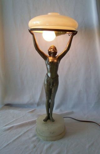 Vintage Art Deco Metal Lady Lamp W Iridescent Round Glass Shade