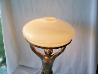 Vintage Art Deco Metal Lady Lamp w Iridescent Round Glass Shade 2