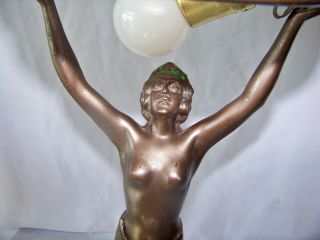 Vintage Art Deco Metal Lady Lamp w Iridescent Round Glass Shade 4