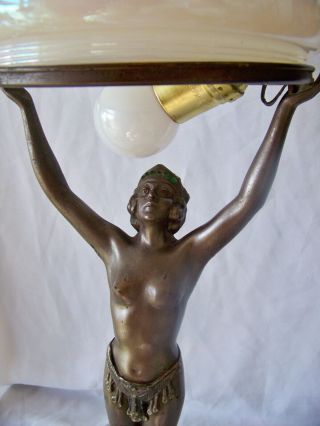 Vintage Art Deco Metal Lady Lamp w Iridescent Round Glass Shade 5