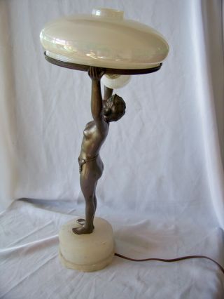 Vintage Art Deco Metal Lady Lamp w Iridescent Round Glass Shade 6